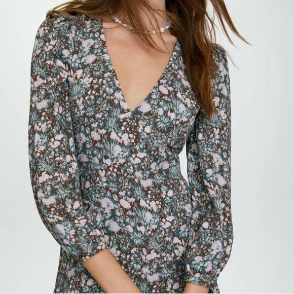 EUC Aritzia Sunday Best Grayson Floral Print Long Sleeve Mini Dress 8 Mocha Teal - Picture 4 of 16